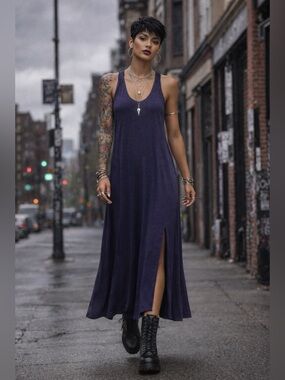 Maeve Anthropologie Maxi Tank Dress Lace Up Back Navy Racerback Swing Festival S